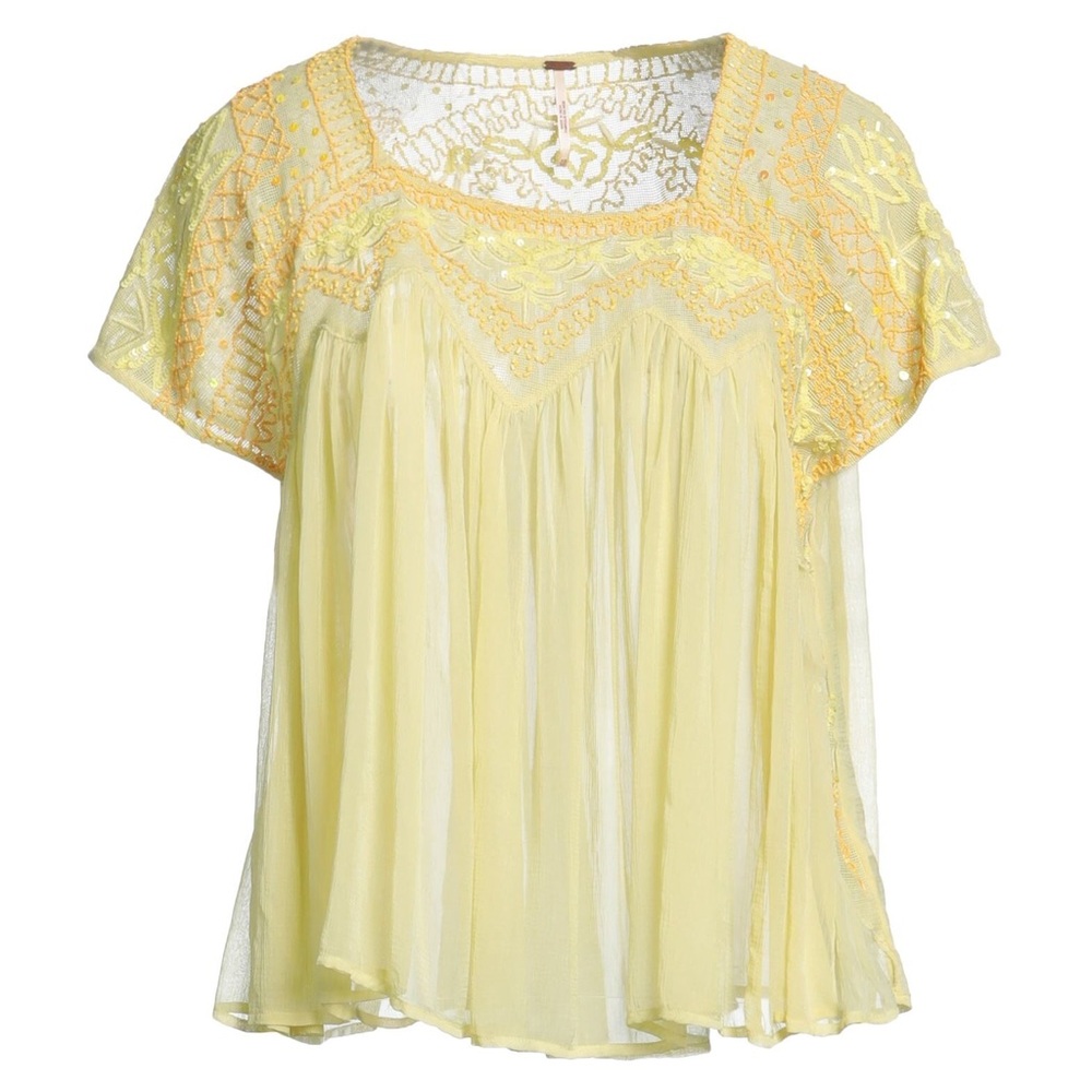 FREE PEOPLE Beaded Sequin Floral Star Lace Sheer Flowy Yellow Top